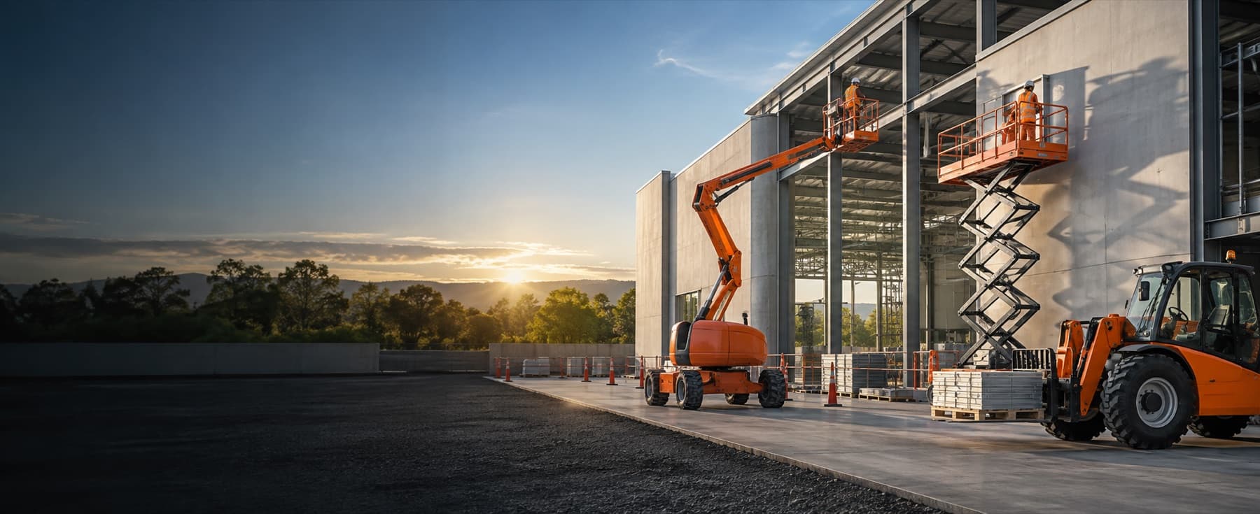 Boom lift and scissor lift operating at a commercial building site