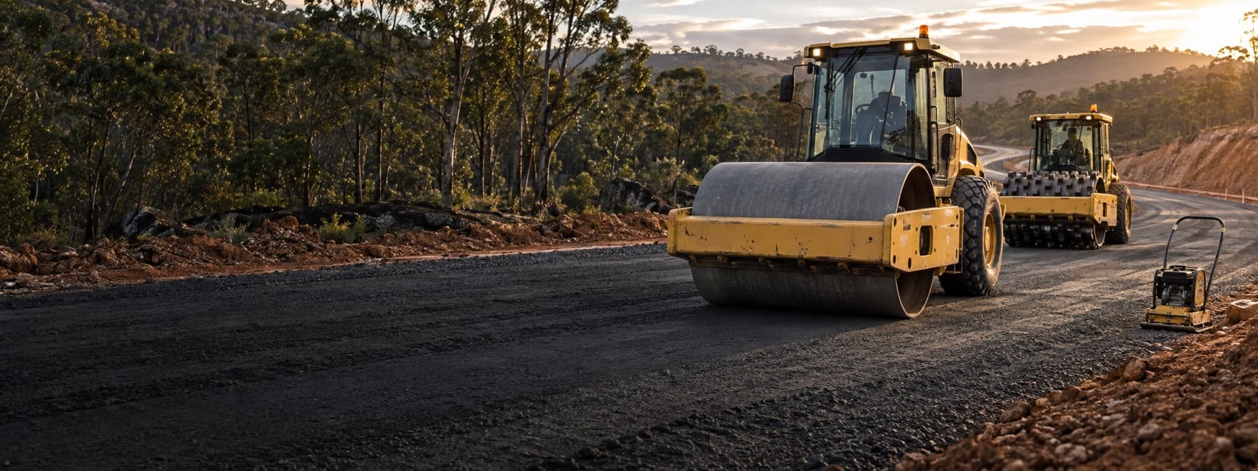 Smooth-drum and padfoot rollers compacting a new Australian road base