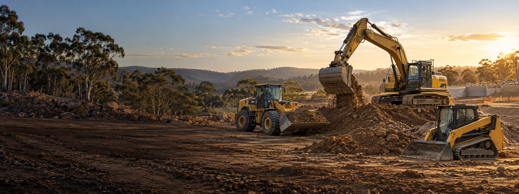 Excavator, wheel loader and skid steer working on an Australian civil construction site
