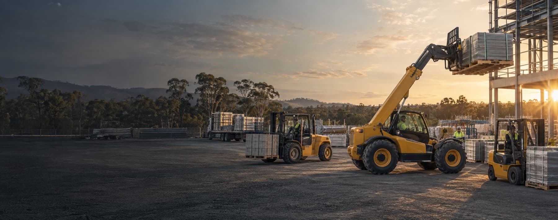 Telehandler and forklifts moving palletised materials at an Australian construction site