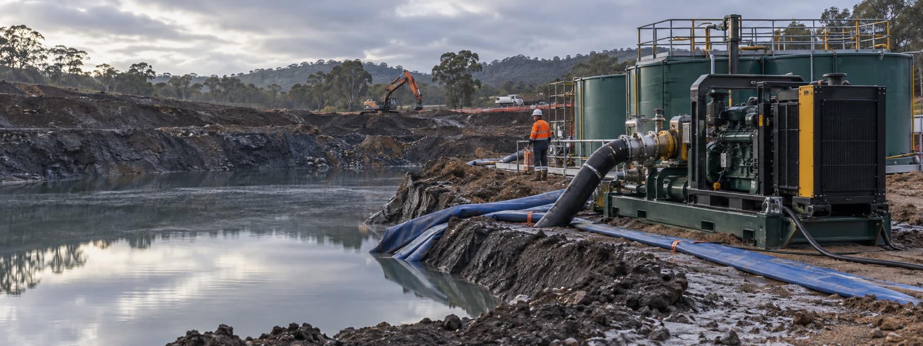 Diesel dewatering pump and treatment tanks operating at a civil excavation