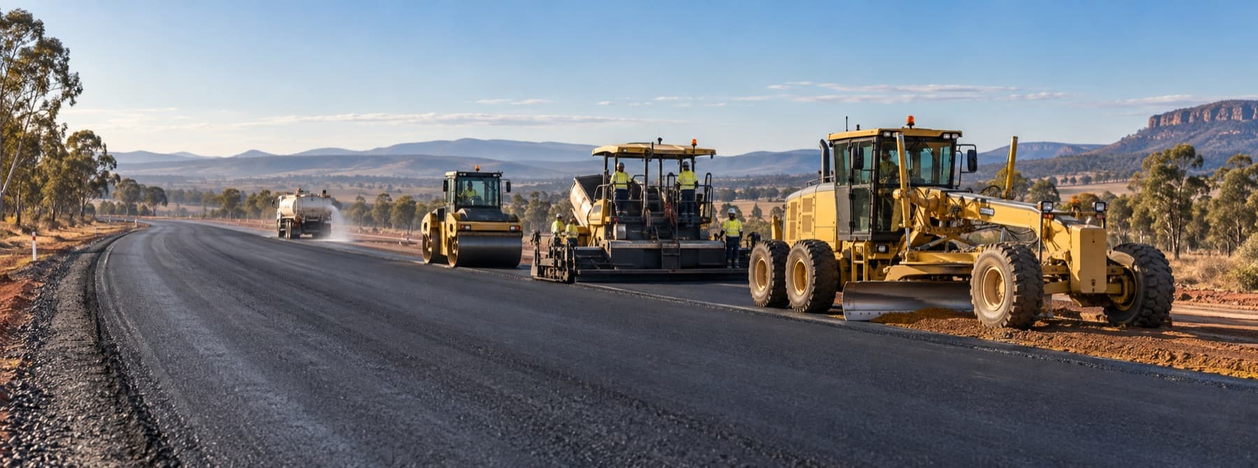 Grader, asphalt paver and rollers building an Australian regional highway