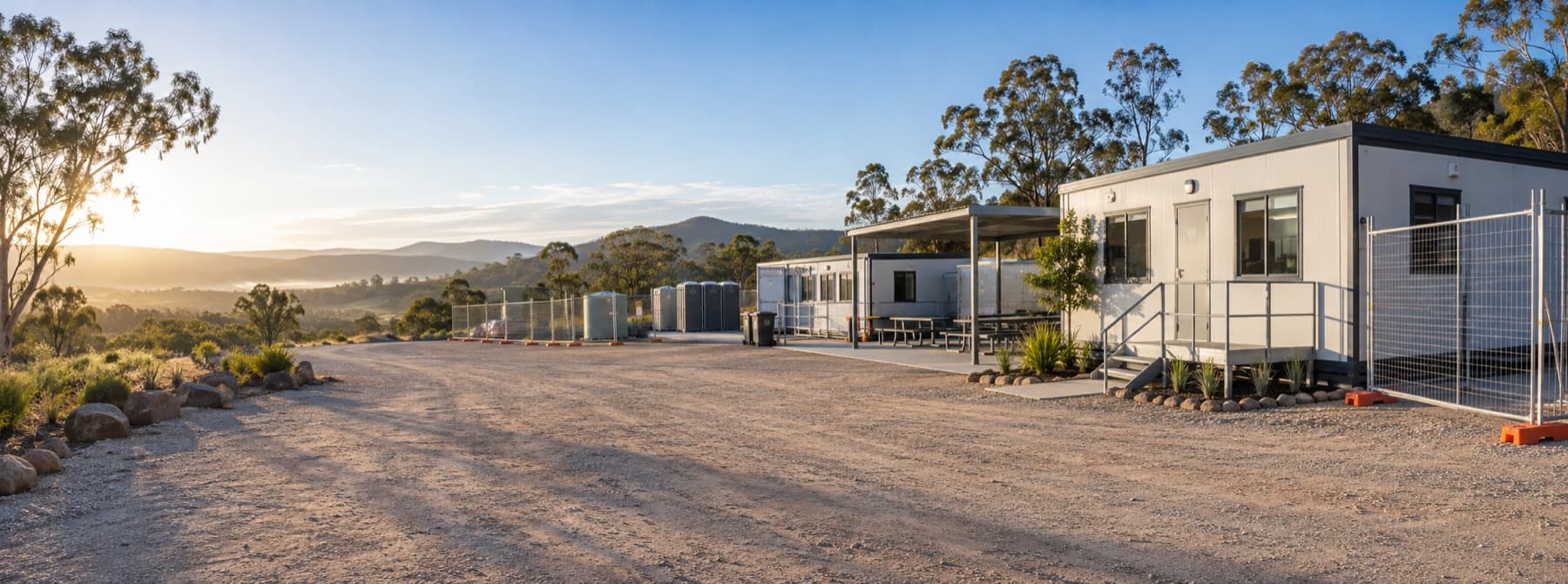 Modular site offices and worker facilities in an organised Australian project compound