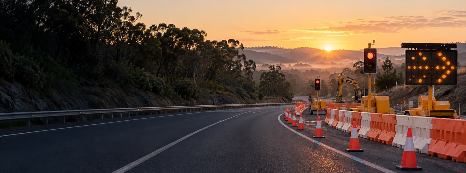 Portable traffic signals, barriers and arrow board protecting regional roadworks