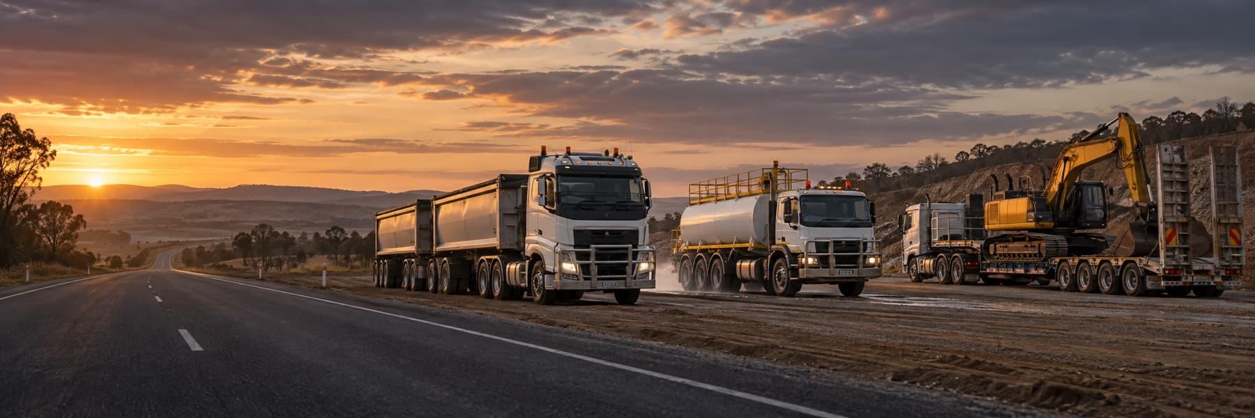 Tipper, water truck and low-loader transport fleet beside an Australian highway